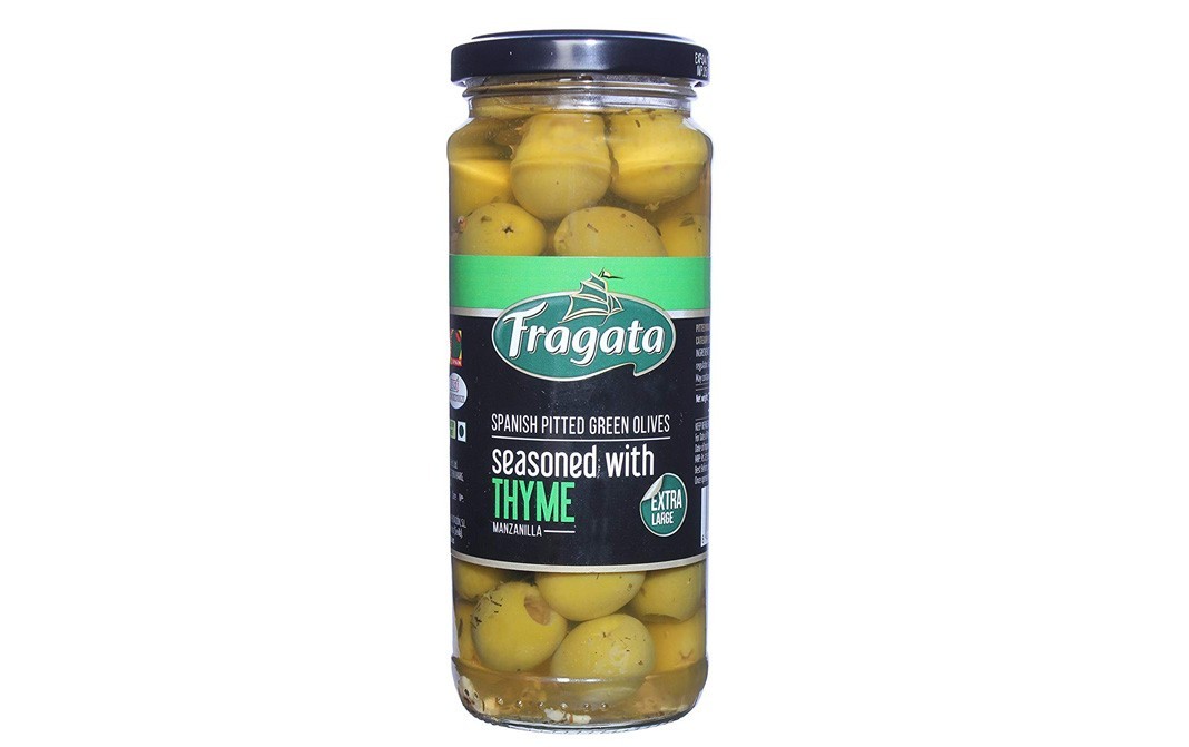 Fragata Spanish Pitted Green Olives, Seasoned with Thyme   Glass Jar  330 grams